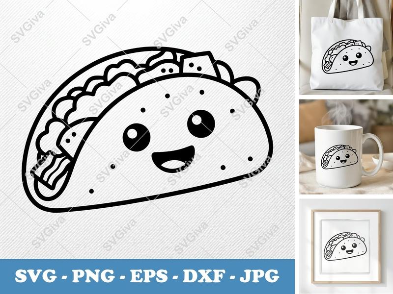 Breakfast Taco Kawaii SVG, Cute Food Cut File, Happy Face PNG, EPS, DXF for Cricut & Silhouette Crafting, Adorable Kitchen Decor
