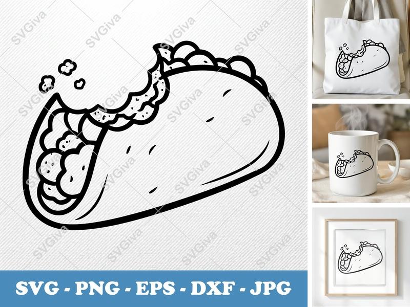 Breakfast Taco SVG | Bitten Outline, Modern Kitchen Clipart | PNG EPS DXF for Cricut Silhouette