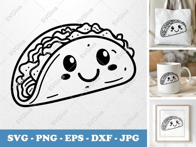 Breakfast Taco SVG | Kawaii Happy Face Food Clipart, Cute Cartoon Outline | PNG EPS DXF for Cricut Silhouette