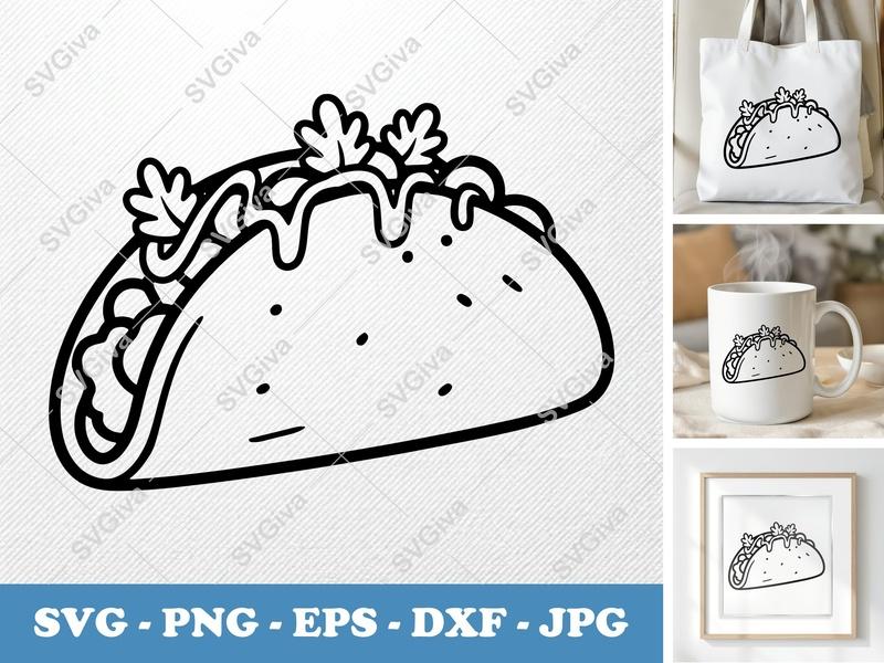Breakfast Taco SVG | Modern Outline Taco with Sauce & Garnish | PNG EPS DXF for Cricut & Silhouette | Foodie Cut File