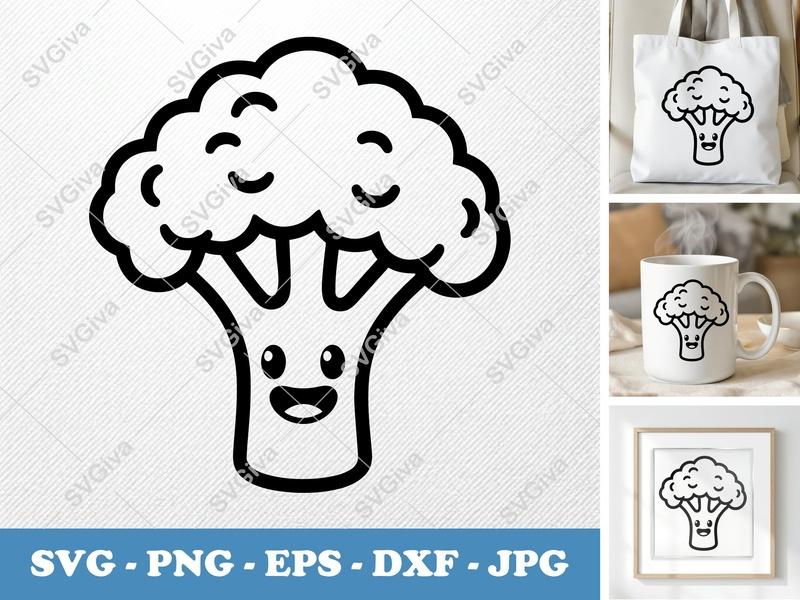 Broccoli Kawaii SVG | Cute Vegetable Clip Art, Happy Food PNG, EPS, DXF for Cricut, Silhouette