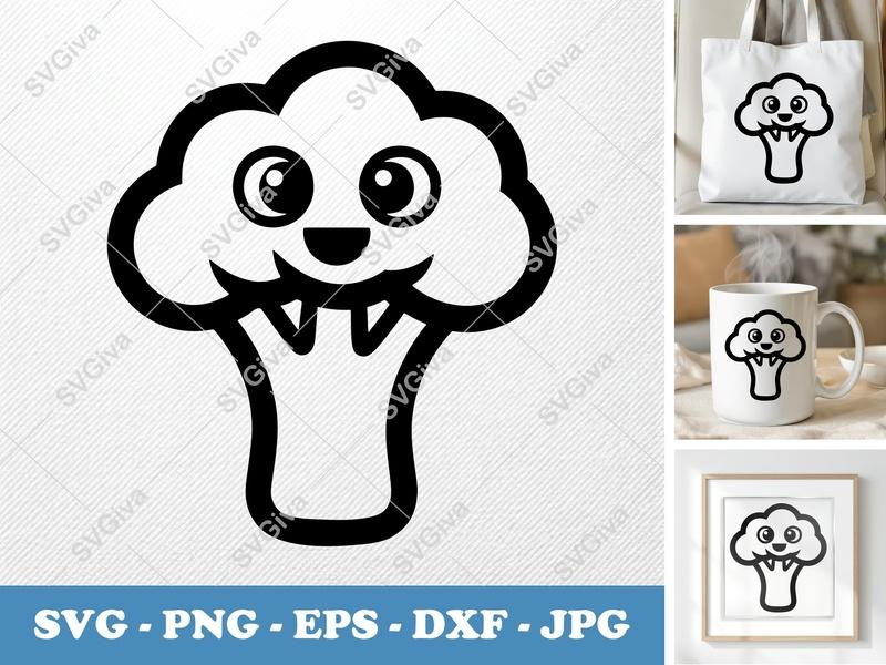 Broccoli Kawaii SVG | Cute Vegetable Clip Art PNG EPS DXF | Happy Food Cut File for Cricut, Silhouette, Kids