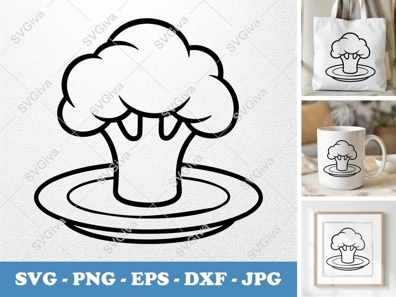 Broccoli SVG | Cartoon Vegetable Clipart on Plate | PNG EPS DXF for Cricut & Silhouette, Kitchen Decor, Food Art