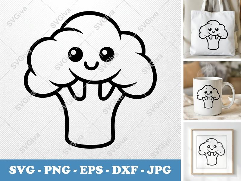 Broccoli SVG | Cute Kawaii Vegetable Design, Outline Clipart | PNG EPS DXF for Cricut, Silhouette