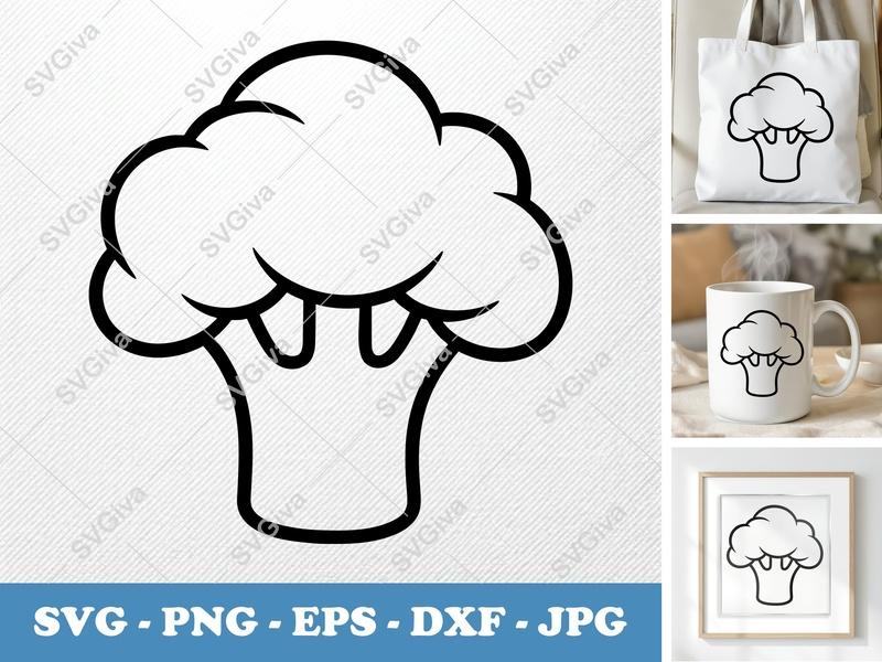 Broccoli SVG, Simple Vegetable Line Art PNG, EPS, DXF | Modern Food Clipart for Cricut, Silhouette, Digital Download