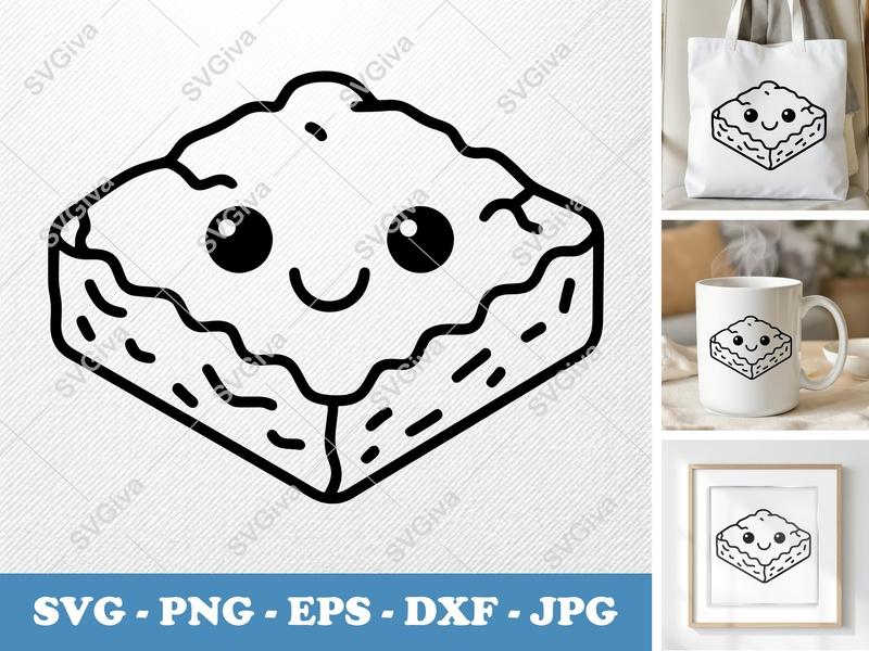 Brownie with Smiling Face SVG PNG DXF EPS | Kawaii Food Cricut Silhouette Cut File