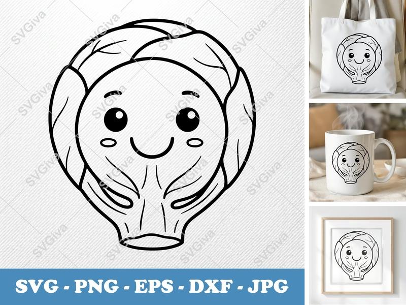 Brussels Sprouts SVG Kawaii Vegetable Cut File | Cute Food PNG EPS DXF | Cricut Silhouette Design | Modern Clean Outline