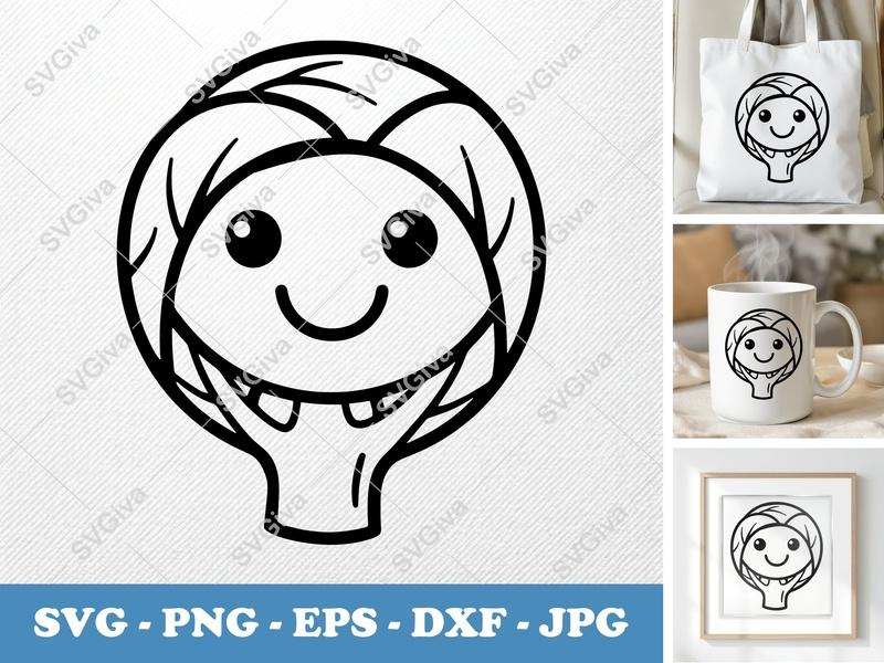 Brussels Sprouts with Smiling Face SVG | Friendly Bean-Shaped Cut File | PNG DXF EPS | Cricut Silhouette