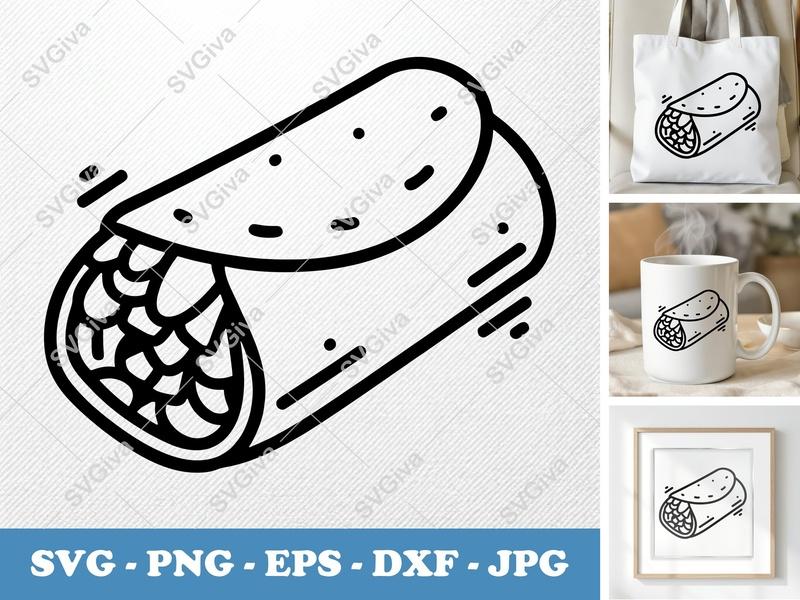 Burrito Fresh SVG | Double-Outline Minimalist Cut File | Thick Outer & Thin Inner Lines | PNG DXF EPS for Cricut Silhouette