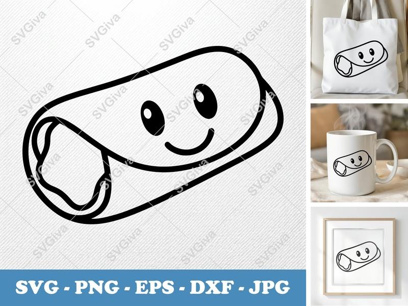 Burrito SVG | Cute Cartoon Face, Food Clipart | PNG EPS DXF for Cricut, Silhouette | Kawaii Snack Vector Cut File