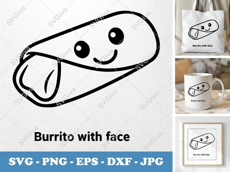 Burrito SVG | Cute Kawaii Face Clip Art | Modern Outline Design | PNG EPS DXF for Cricut Silhouette