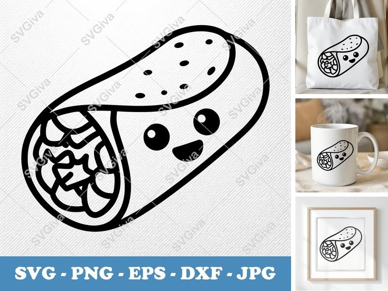 Burrito SVG | Cute Kawaii Food Outline | PNG EPS DXF | Cricut Silhouette Cut File | Modern Mexican Taco Wrap Clipart