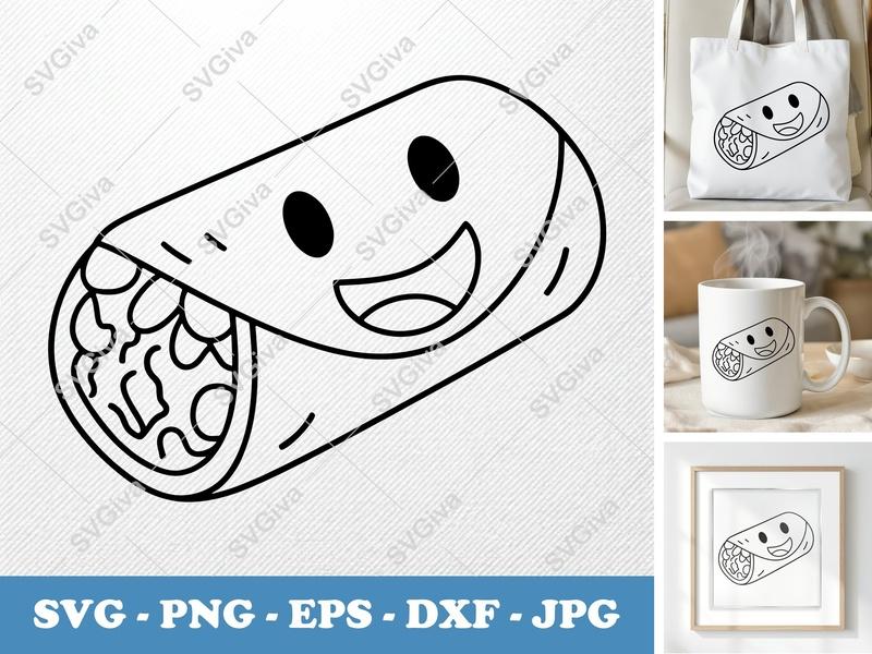 Burrito SVG | Happy Face Burrito Cut File | Modern Food PNG, EPS, DXF for Cricut & Silhouette | Kawaii Snack Clipart