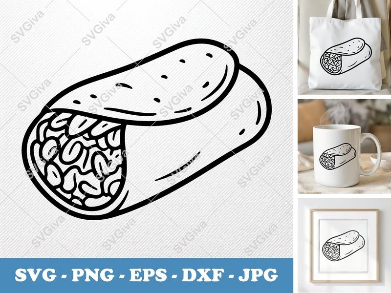 Burrito SVG | Minimalist Food Vector | Bold Contour Cut File | PNG DXF EPS | Cricut Silhouette Design