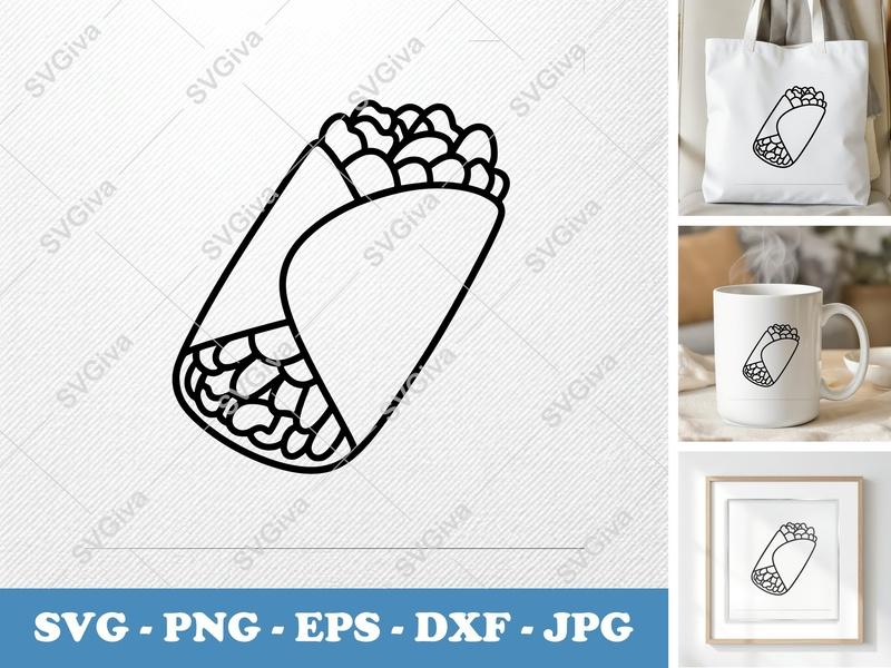 Burrito SVG | Modern Clean Burrito Outline | Food Clipart Cut File for Cricut, Silhouette | PNG, EPS, DXF Included