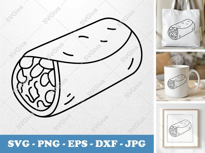 Burrito SVG | Modern Clean Food Cut File | PNG EPS DXF for Cricut Silhouette | Mexican Cuisine Digital Download
