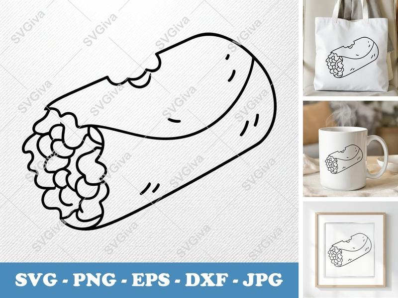 Burrito SVG | Modern Line Art Burrito Outline | Food Clipart Cut File for Cricut, Silhouette | PNG EPS DXF Vector