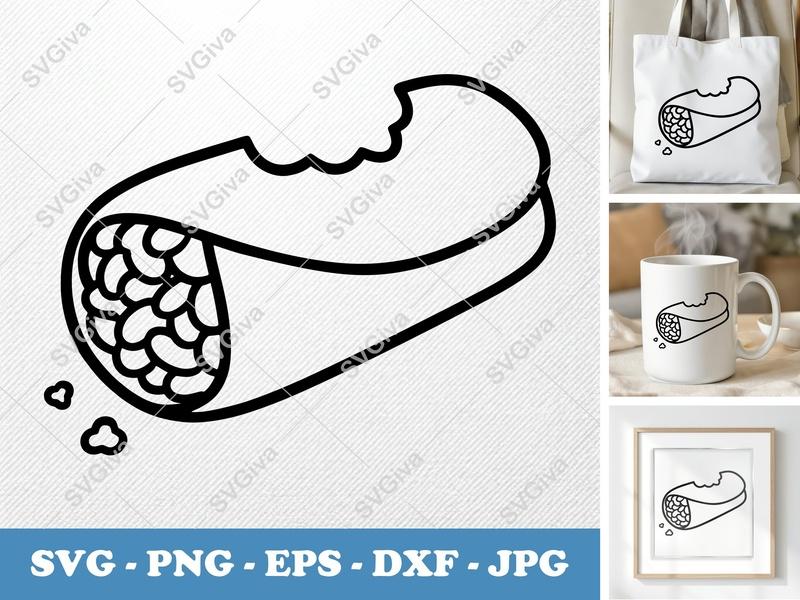 Burrito SVG | Modern Line Art Burrito with Bite | PNG EPS DXF for Cricut & Silhouette | Food Cut File