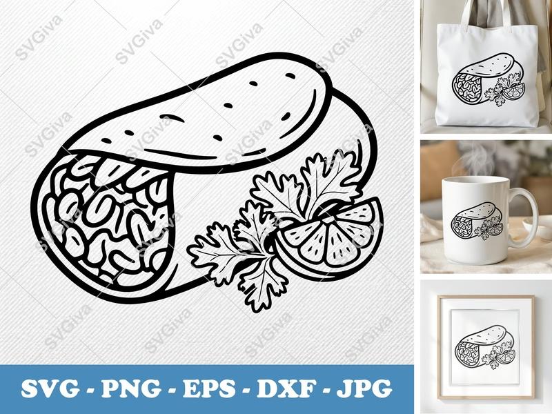 Burrito with Garnish SVG | Bold Contour Clean Fill | Simple Food Character PNG DXF EPS | Cricut Silhouette File
