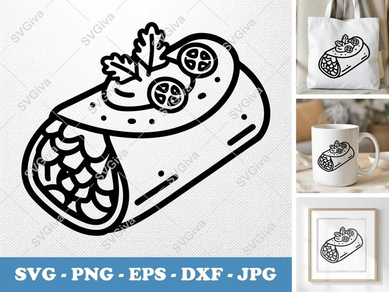 Burrito with Garnish SVG | Double-Outline Minimalist Cut File | Thick Contour & Thin Lines | PNG DXF EPS | Cricut Silhouette Kitchen Decor