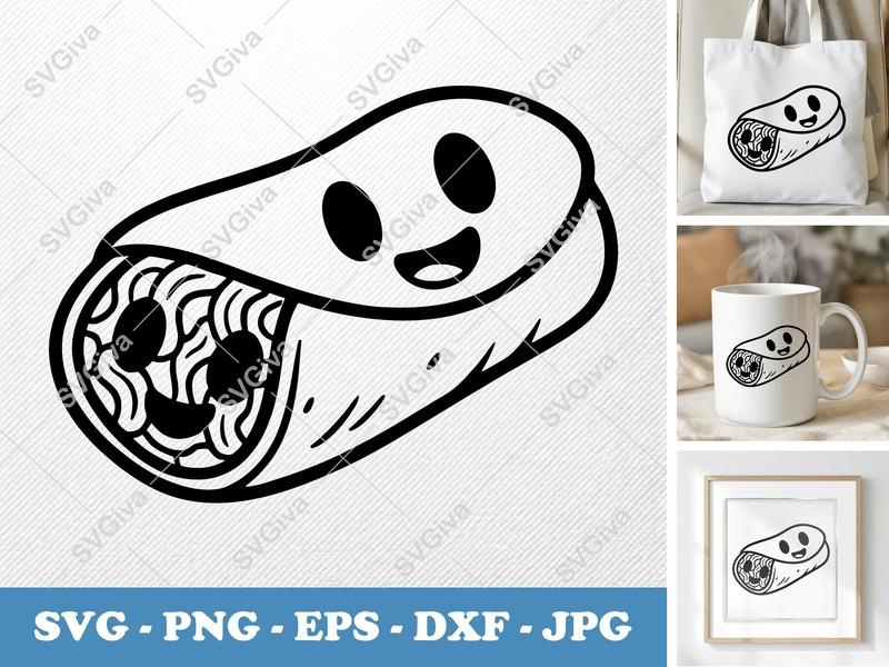 Burrito with Smiling Face SVG | Minimalist Cartoon Cut File | Bold Black Contour PNG DXF EPS for Cricut Silhouette Food Lover