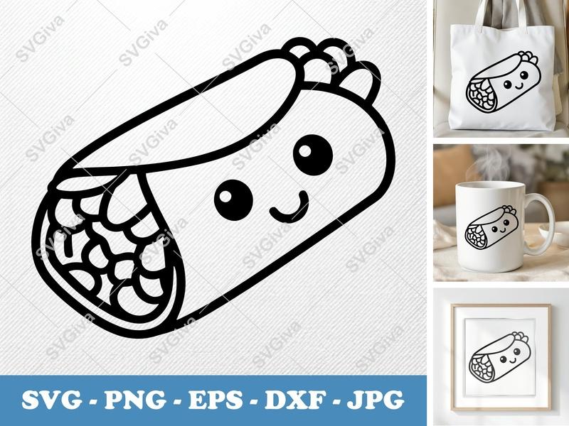 Burrito with Smiling Face SVG | Minimalist Double-Outline Cut File | PNG DXF EPS for Cricut Silhouette