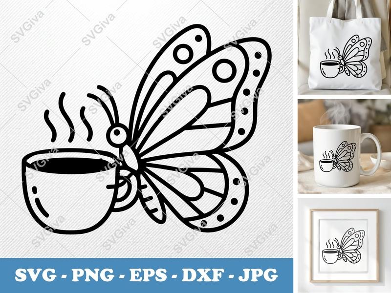 Butterfly Coffee SVG | Modern Tea Cup PNG, EPS, DXF | Cricut Silhouette Cut File, Drink Lover Gift, Insect Art
