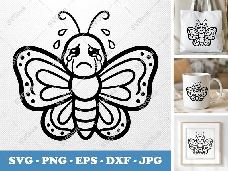 Butterfly Crying SVG | Sad Emote PNG EPS DXF | Cricut Silhouette Cut File | Cute Kawaii Tears Insect Design