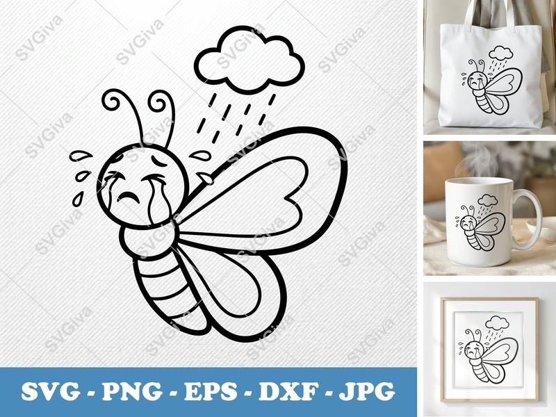Butterfly Crying SVG | Sad Rain Cloud Cut File | Cartoon Insect PNG EPS DXF for Cricut & Silhouette