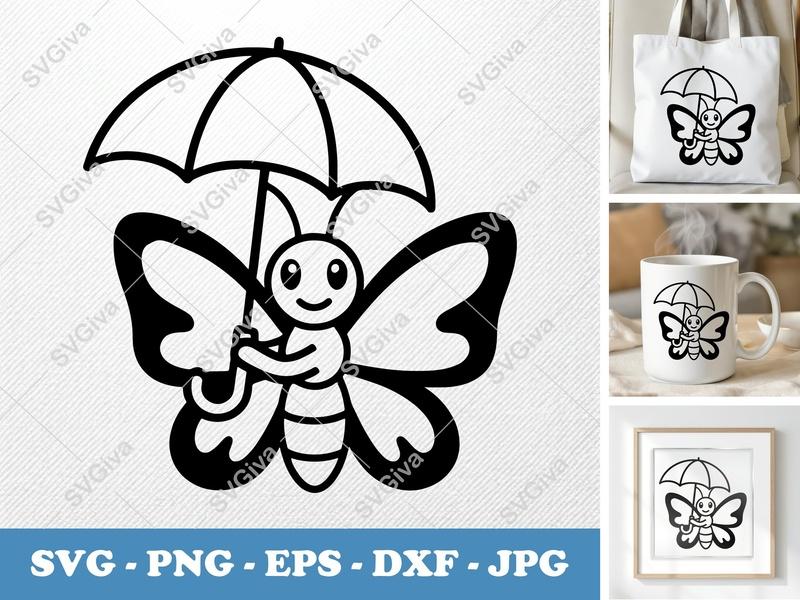 Butterfly Holding Umbrella SVG | Friendly Rounded Body Bean-Shaped Forms | PNG DXF EPS for Cricut & Silhouette