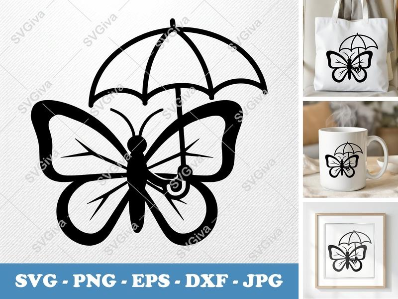 Butterfly Holding Umbrella SVG | Minimalist Character Line Art | PNG DXF EPS | Cricut Silhouette File
