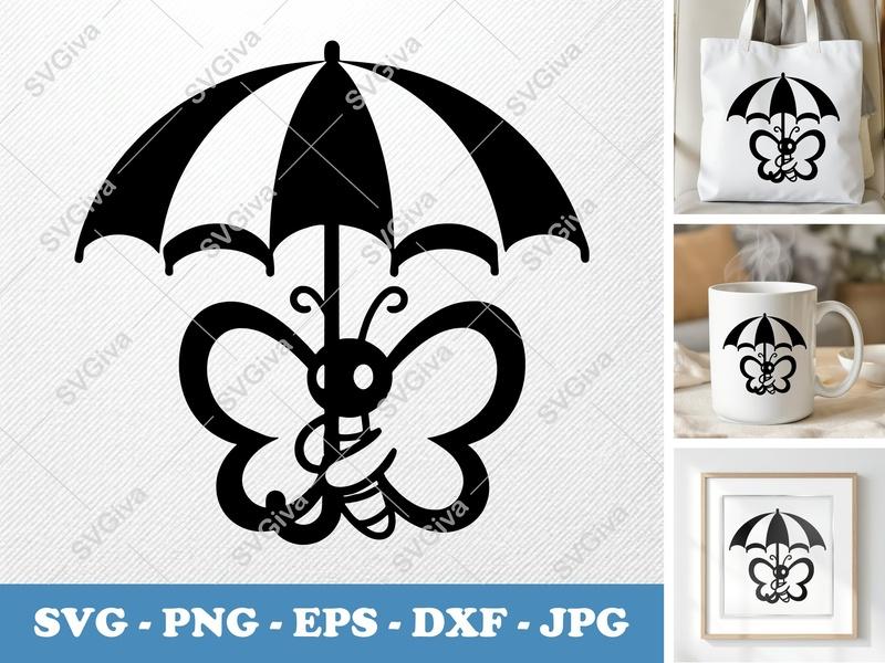 Butterfly holding umbrella SVG | Puffy Soft Forms | Inflated Pillow Art | PNG DXF EPS | Cricut Silhouette Cut File