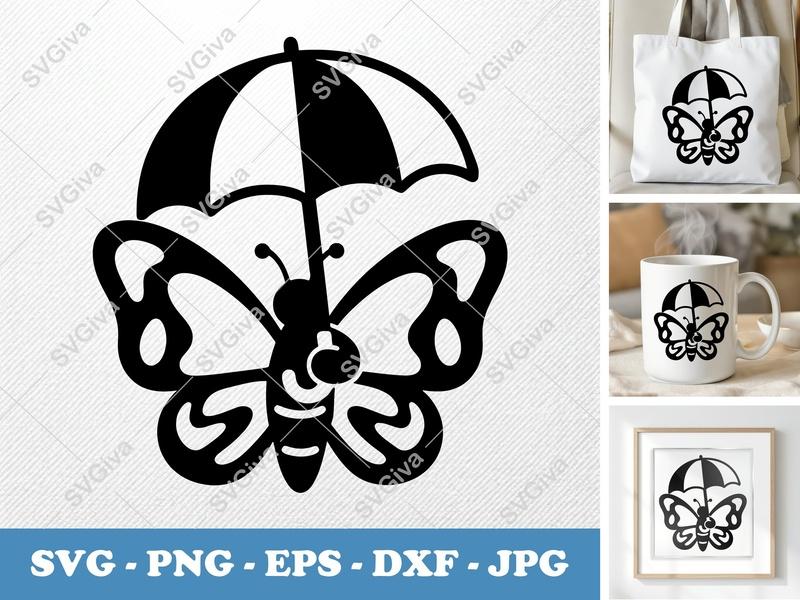 Butterfly Holding Umbrella SVG | Puffy Soft Forms | PNG, DXF, EPS | Cricut, Silhouette | Digital Cut File