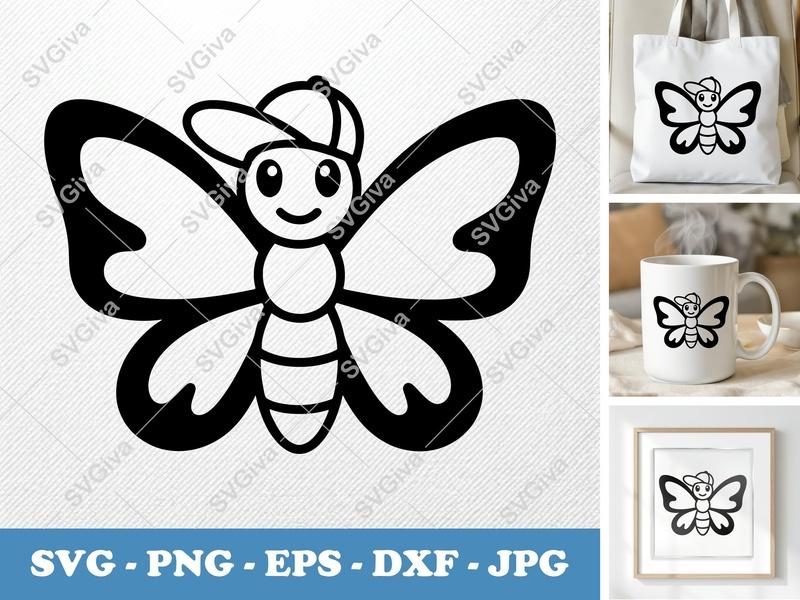 Butterfly in a Cap SVG | Friendly Bean-shaped Design | Rounded Body PNG DXF EPS | Cricut Silhouette Cut File