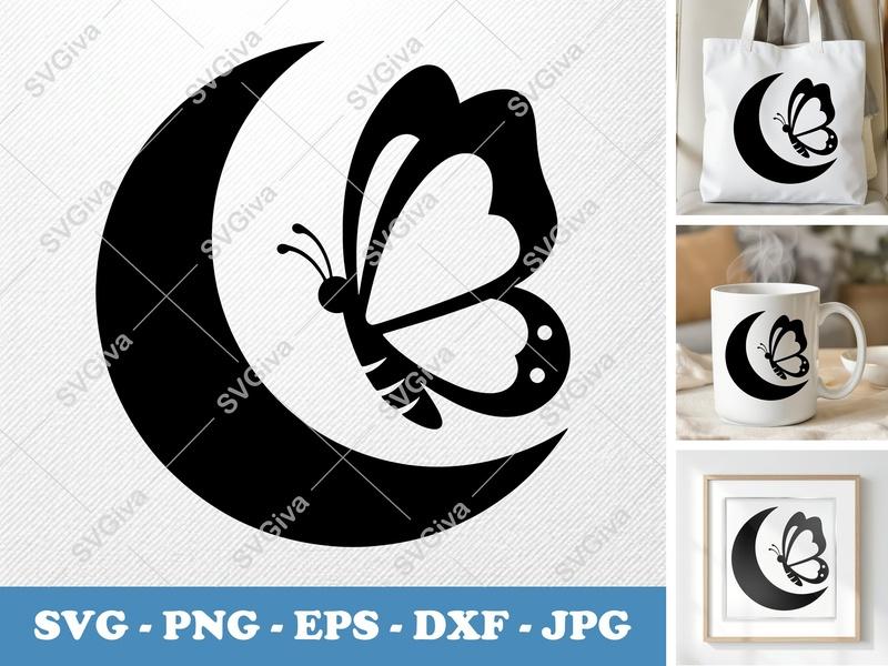 Butterfly Moon SVG, Crescent Cut File | Modern Design, PNG, EPS, DXF for Cricut & Silhouette, Insect Art