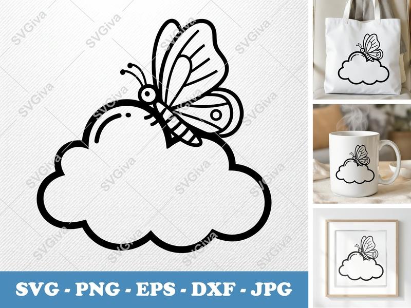 Butterfly on Cloud SVG | Modern Outline Design | PNG, EPS, DXF | Cricut, Silhouette Cut File | Simple Insect Digital Download