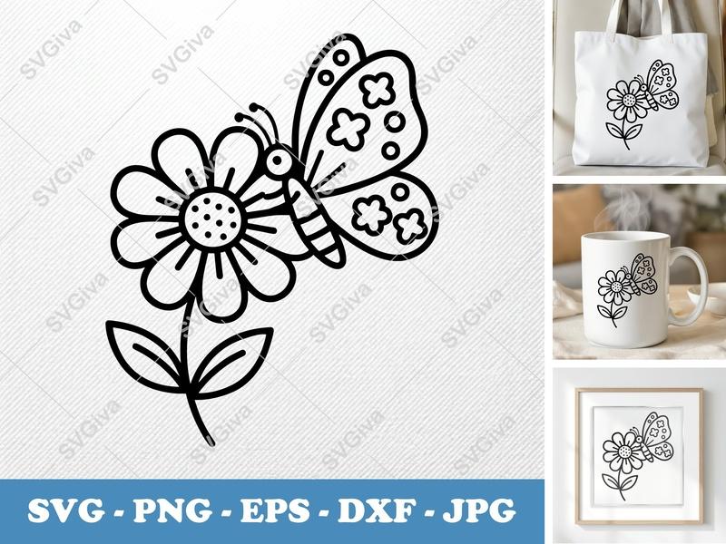 Butterfly on Flower SVG | Modern Clean Line Art, Daisy Outline | PNG EPS DXF for Cricut, Silhouette, Vector Clipart
