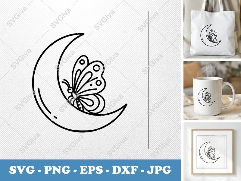 Butterfly on Moon SVG | Crescent Moon Butterfly PNG EPS DXF | Clean Line Art Cricut Silhouette Cut File