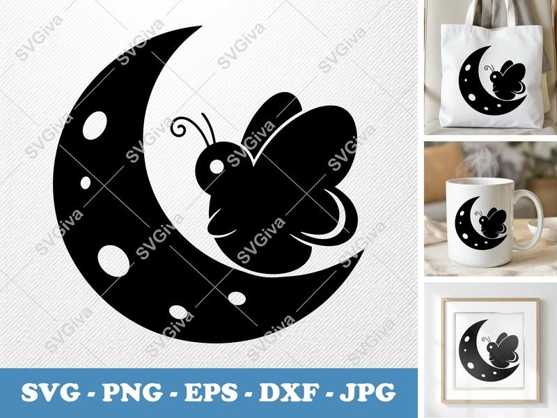Butterfly on Moon SVG | Puffy Soft Forms | PNG DXF EPS | Cricut Silhouette Cut File