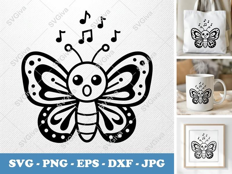 Butterfly Singing SVG | Cute Music Notes PNG EPS DXF | Cricut Silhouette Cut File | Cartoon Insect Vector Art