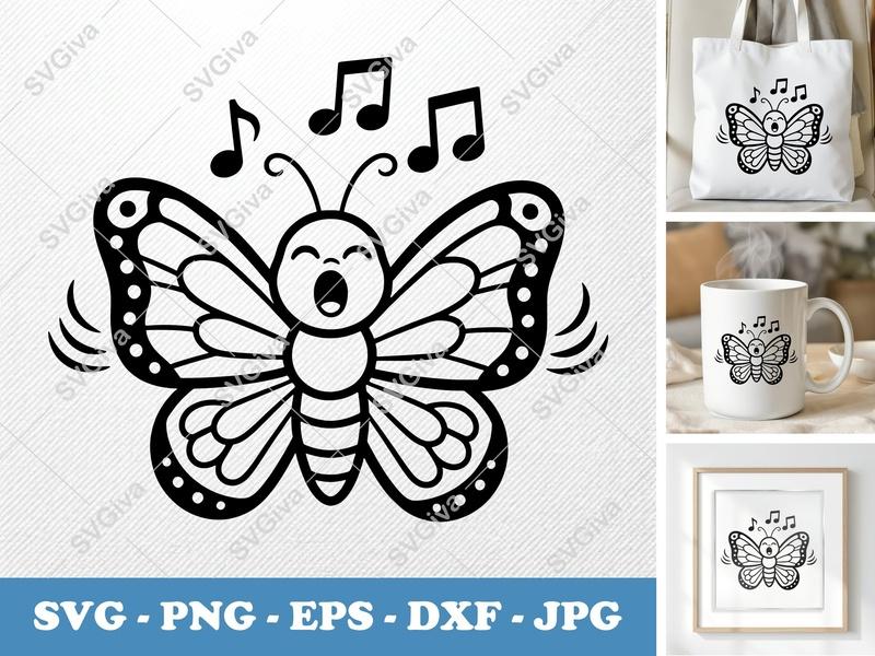 Butterfly Singing SVG | Cute Music Notes PNG EPS DXF | Happy Insect Clipart for Cricut, Silhouette, Kids Crafts