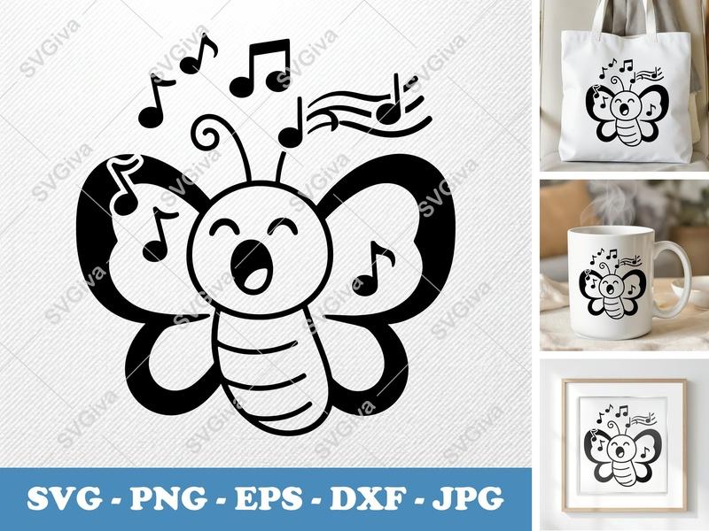 Butterfly Singing SVG, Cute Music Notes PNG, Happy Cartoon EPS, Song DXF Cut File for Cricut & Silhouette, Kids Craft Design