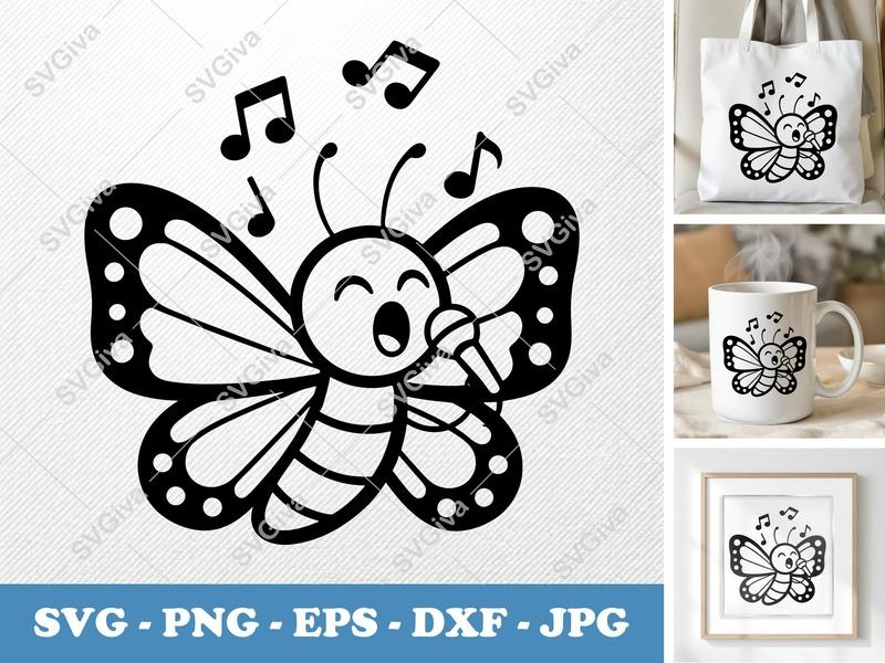 Butterfly Singing SVG, Cute Music Outline Cut File, Happy Insect PNG, EPS, DXF for Cricut & Silhouette, Cartoon Animal Clipart