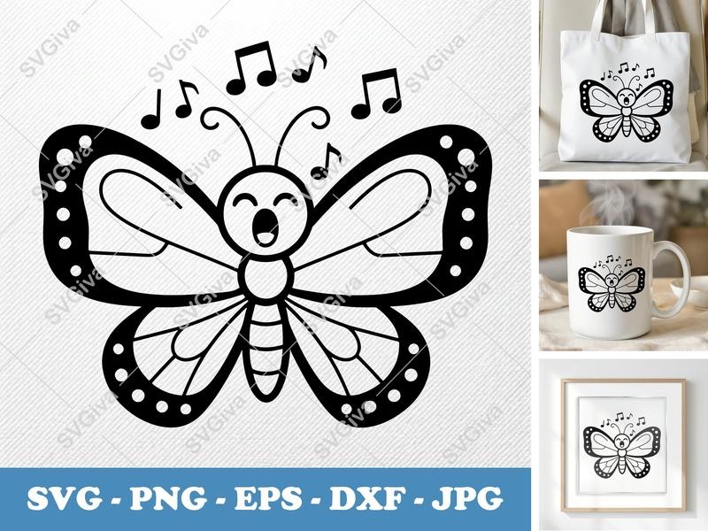 Butterfly Singing SVG | Friendly Rounded Body Bean-Shaped Design | PNG DXF EPS | Cricut Silhouette File