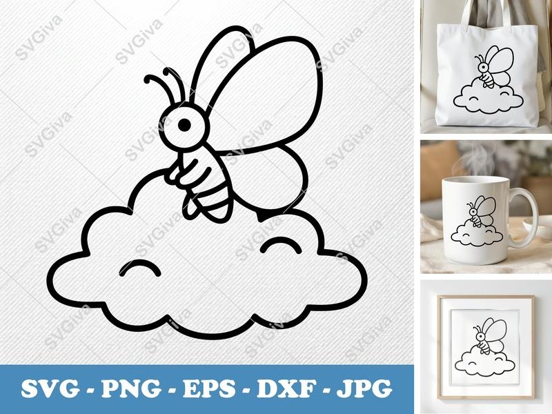Butterfly Sitting on Cloud SVG | Friendly Rounded Bean-Shaped Form | PNG DXF EPS | Cricut Silhouette File