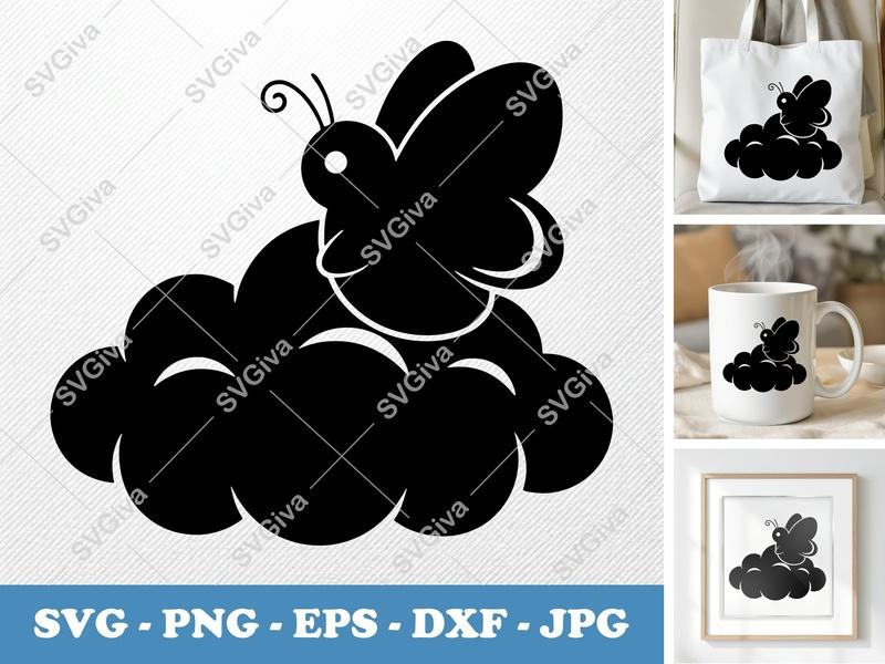 Butterfly Sitting on Cloud SVG | Puffy Pillow Soft Shapes | PNG DXF EPS | Cricut Silhouette Cut File