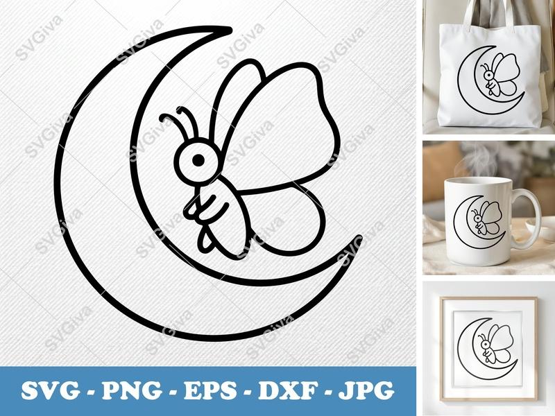 Butterfly Sitting on Moon SVG | Friendly Rounded Bean-Shaped Forms | PNG DXF EPS | Cricut Silhouette File