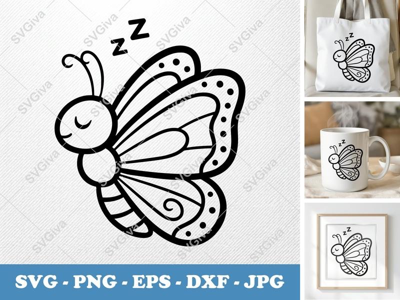 Butterfly Sleeping SVG | Cute Doodle PNG EPS DXF | Crib Design | Cricut Silhouette File | Kids Room Decal