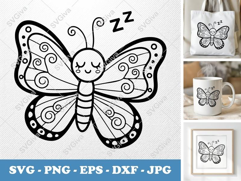 Butterfly Sleeping SVG | Cute Kawaii Zzz Outline | PNG EPS DXF for Cricut & Silhouette, Digital Download, Insect Cut File
