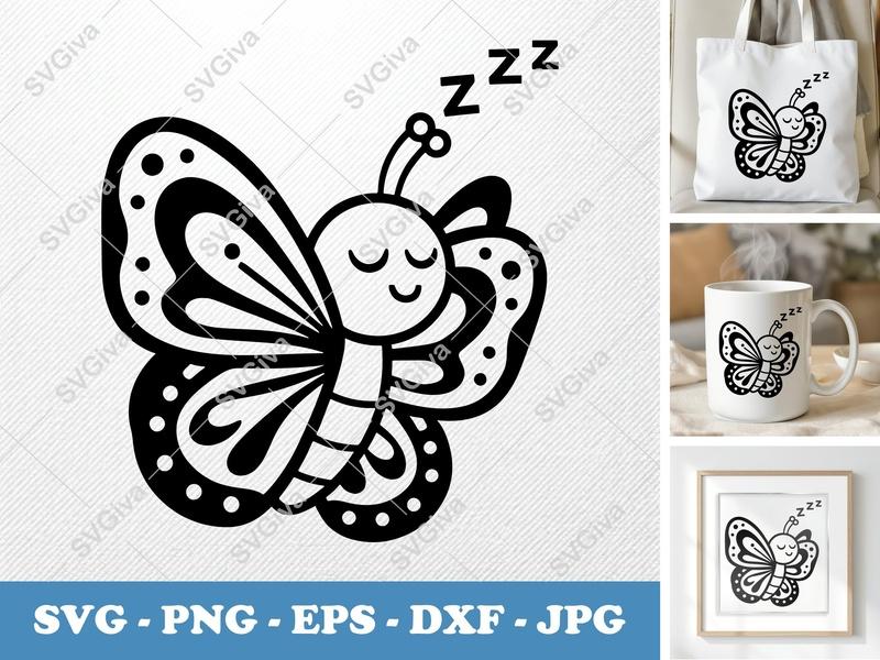 Butterfly Sleeping SVG | Cute Sleepy Butterfly PNG EPS DXF | Cricut Silhouette File | Baby Nursery Decor | Modern Clean Design